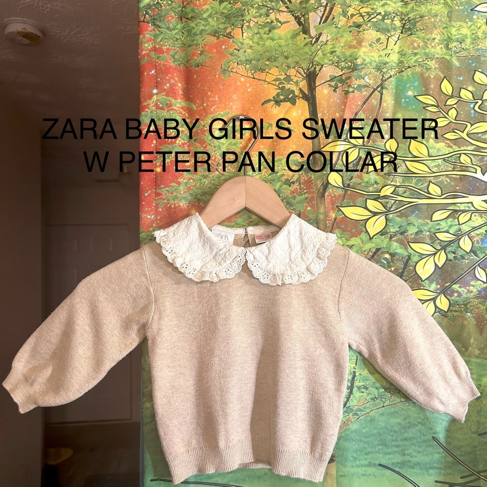 SALE•Zara Beige Baby Girl Sweater with Lace Peter Pan Collar: Size 18-24 Months